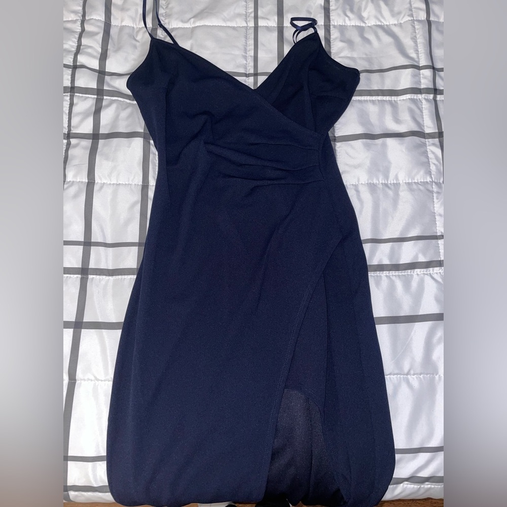 Sasha Formal High Slit Wrap Dress Navy Blue
